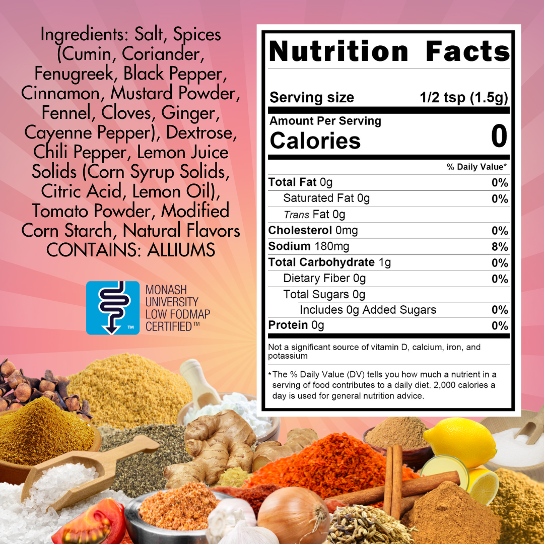 Nutrition facts label for a food product with ingredients listed and Monash University Low FODMAP certification logo.