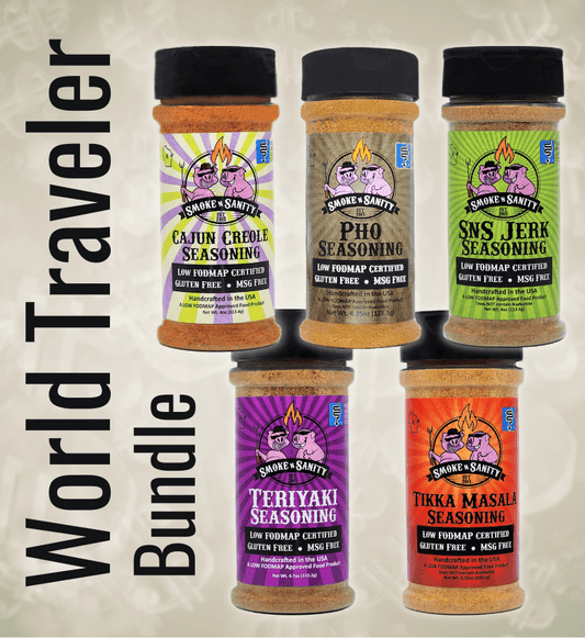 World traveler bundle main product image.  Cajun Creole, pho, SnS Jerk, Teriyaki, and Tikka Masalas seasonings