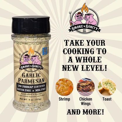 Garlic Parmesan - Take Your Cooking to a whole new level.  Bottle of Garlic Parmesan and pictures of garlic parmesan shrimp, chicken wings, and toast.