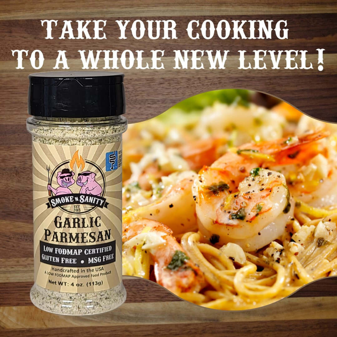 Garlic Parmesan - Take your cooking to a whole new level.  Bottle of Garlic Parmesan and a dish of garlc parmesan shrimp.