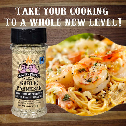 Garlic Parmesan - Take your cooking to a whole new level.  Bottle of Garlic Parmesan and a dish of garlc parmesan shrimp.