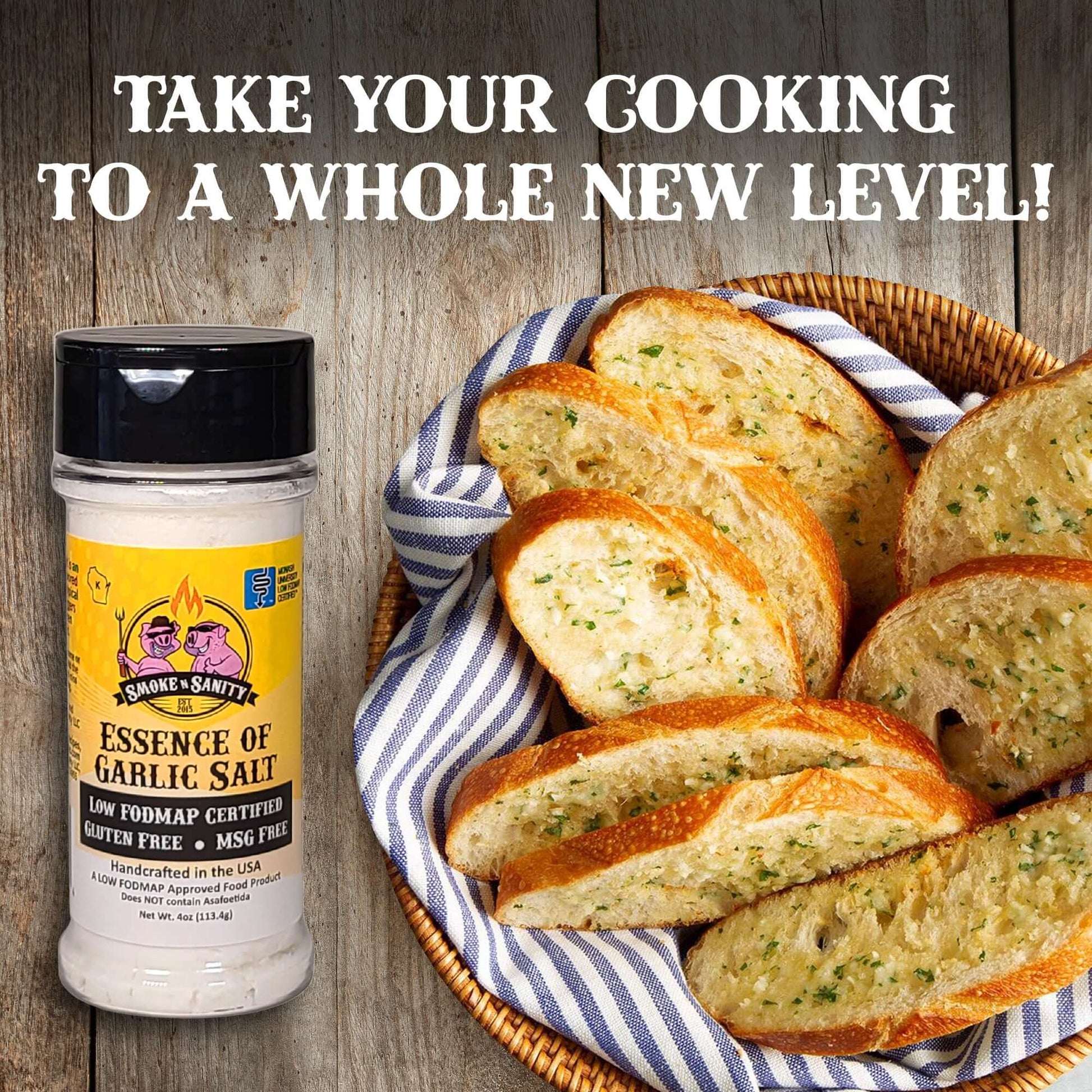 Take your cooking to a whole new level with Essence of Garlic Salt.  Pictured with Garlic bread.