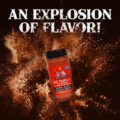 Picture of SnS Triple S All Purpose Seasoning exploding with a bottle of the seasoning.  an explosion of flavor