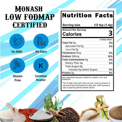 Beef Base - Nutritional Panel.  No msg, no dairy, gluten free, certifed Kosher.  serviing size 1/2 tsp (1.4g) and 3 calories, 240 mg sodium.