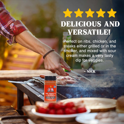 5 star review.  Delicious and versatile.  Perfect of ribs, chicken, and steaks either grilled or in teh smoker, and mixed with sour cream makes a very tasty dip for veggies.  Nick