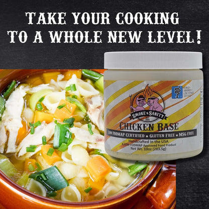 Chicken - Take your cooking to a whole new level.  Picture of chicken base jar and a bowl of chicken noodle soup.