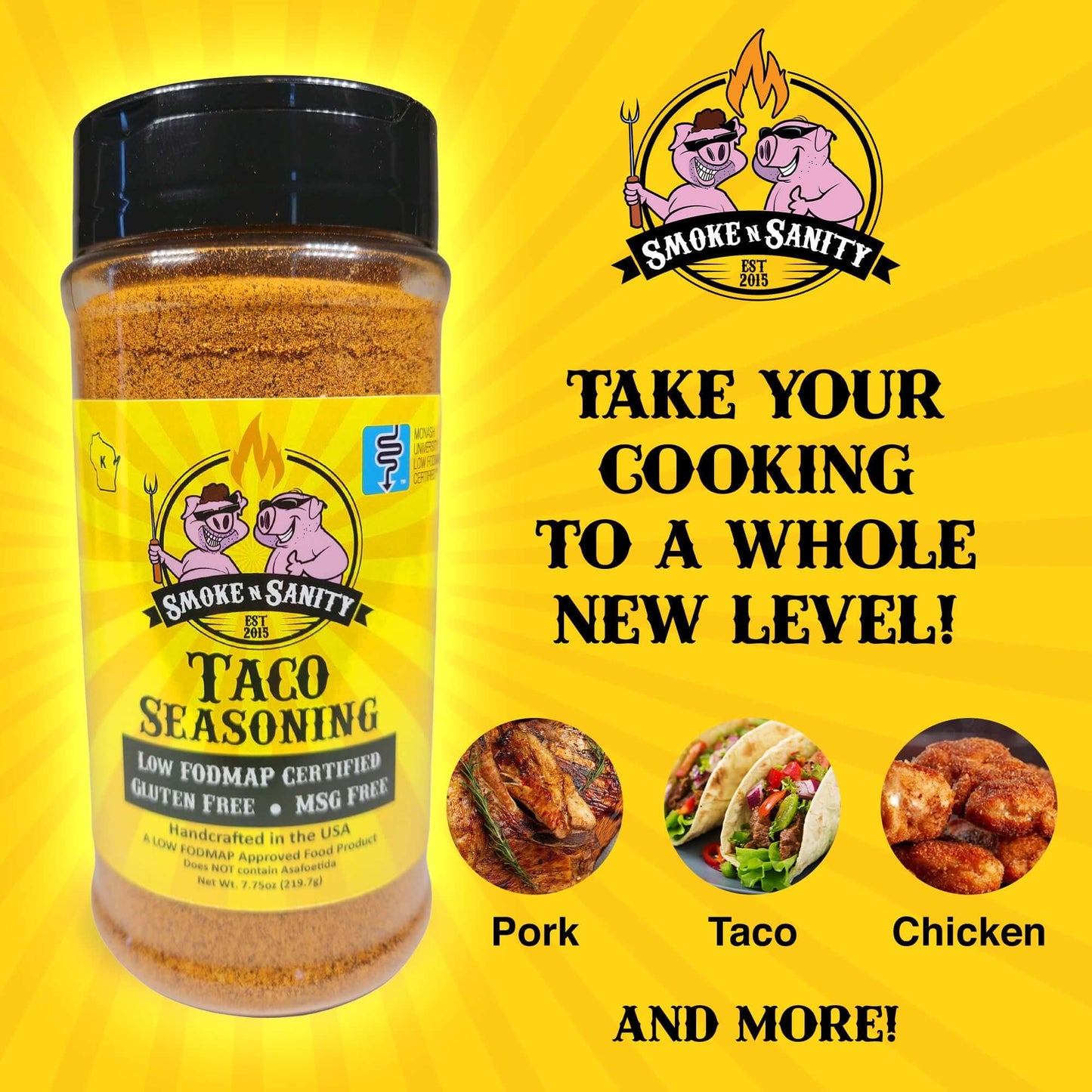 Taco Seasoning - take your cooking to a whole new level.  Pictures of port, tacos, chicken