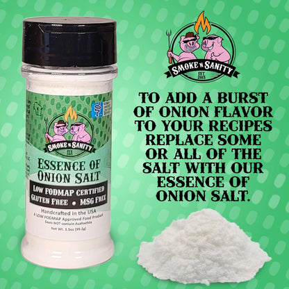 Bottle of Essence of Onion Salt, to add a burst of Onion flavor to your recipes replace some or all of the salt with our essence of onion salt.