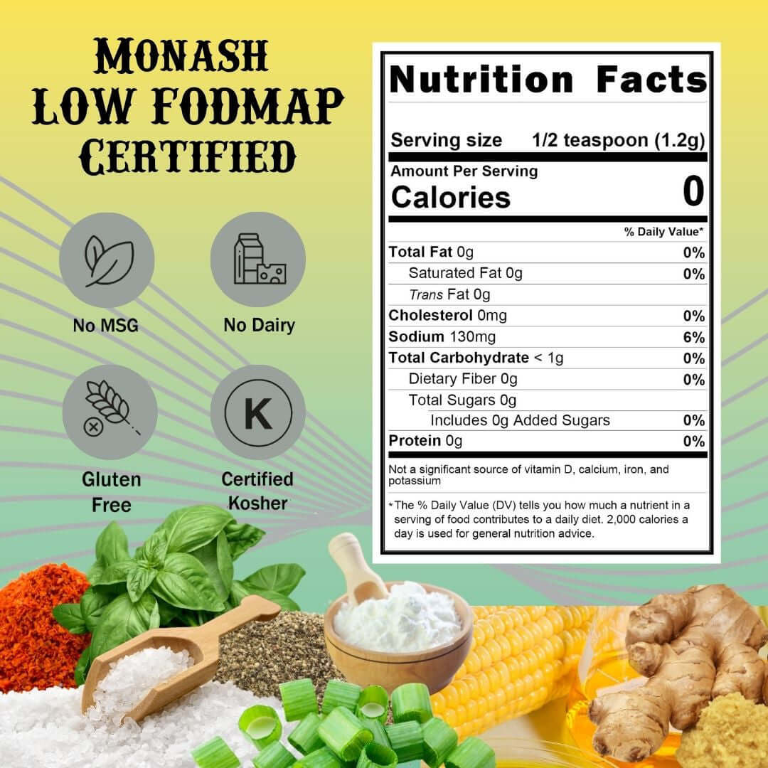 SnS Thai Marinade - Monash Low FODMAP Certified, no msg, no dairy, gluten free, certified kosher. Nutritional Panel:  serving size 1/2 teaspoon, calories 0, sodium 130 mg