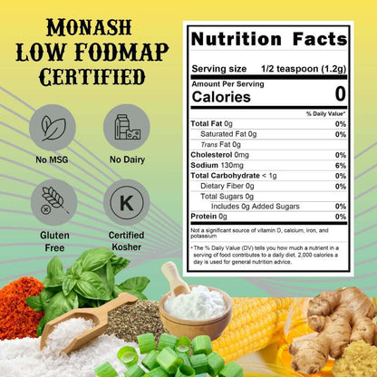 SnS Thai Marinade - Monash Low FODMAP Certified, no msg, no dairy, gluten free, certified kosher. Nutritional Panel:  serving size 1/2 teaspoon, calories 0, sodium 130 mg