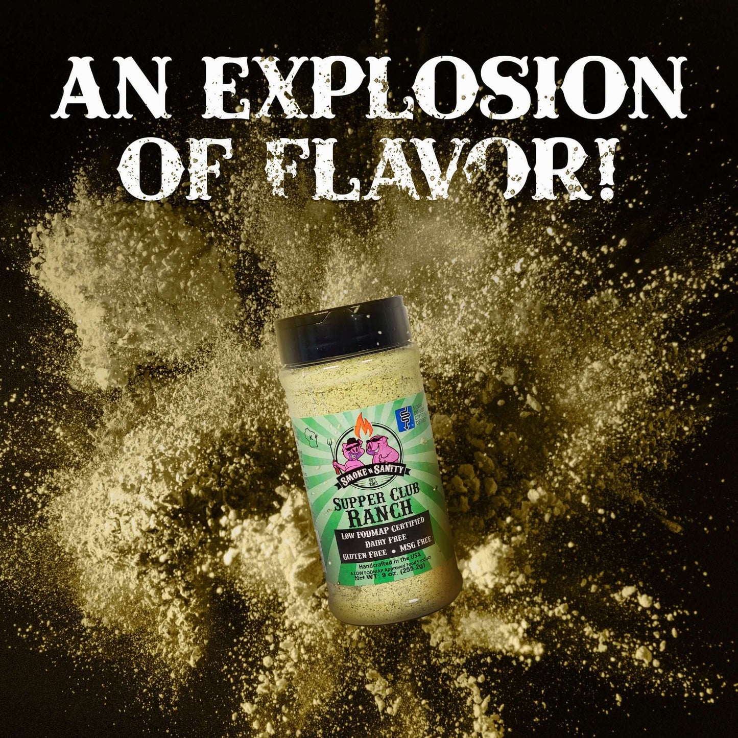 Bottle of Supper Club Ranch exploding