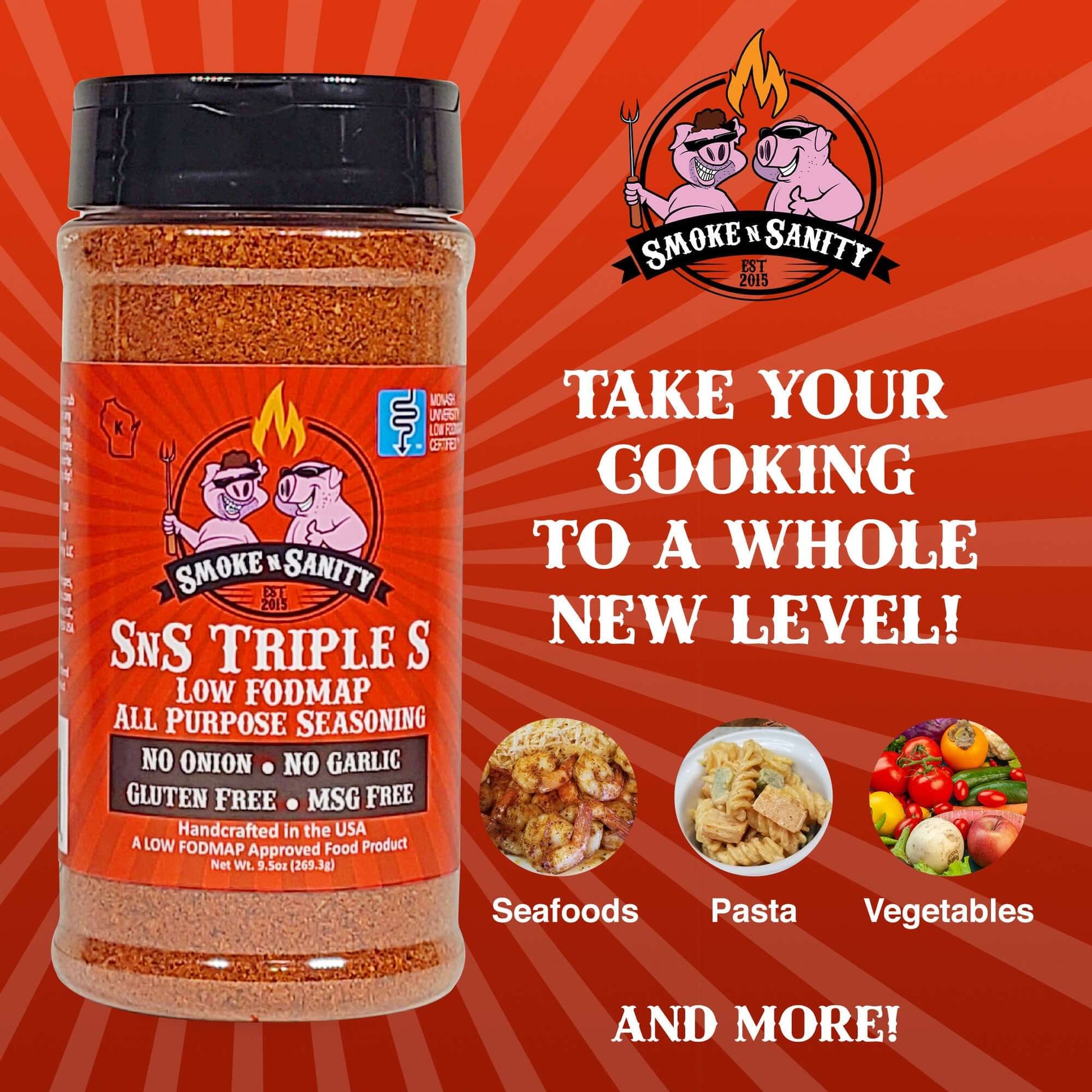 SnS Triple S All Purpose Seasoning take your cooking to a whole new level, pictures of seasfood, pasta, vegetable.