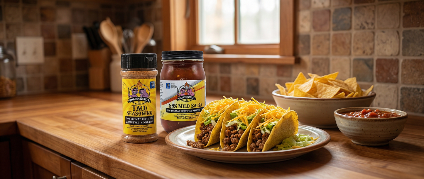 Tacos on a plate with Taco Bell products on a kitchen counter.