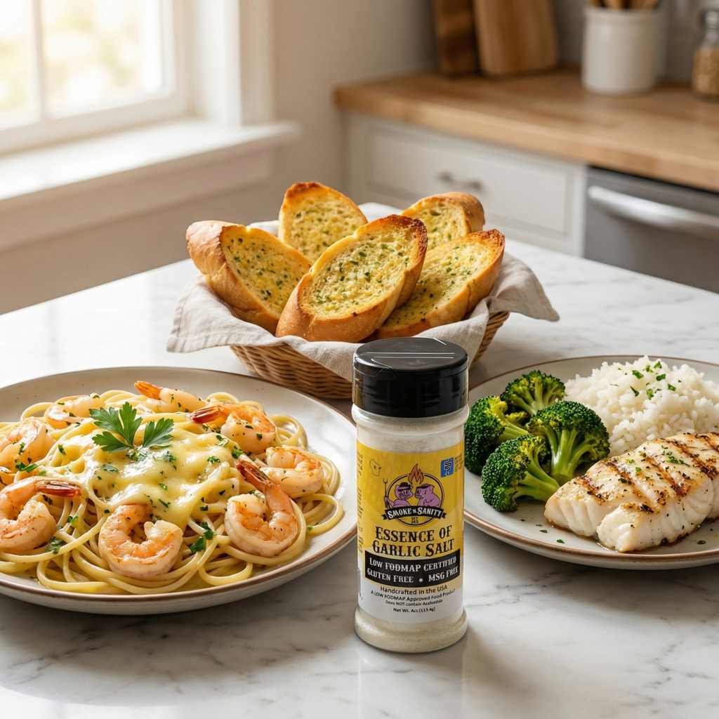 Bottle of Essence of Garlic Salt on a kitchen counter with pasta, shrimp, bread, and vegetables.