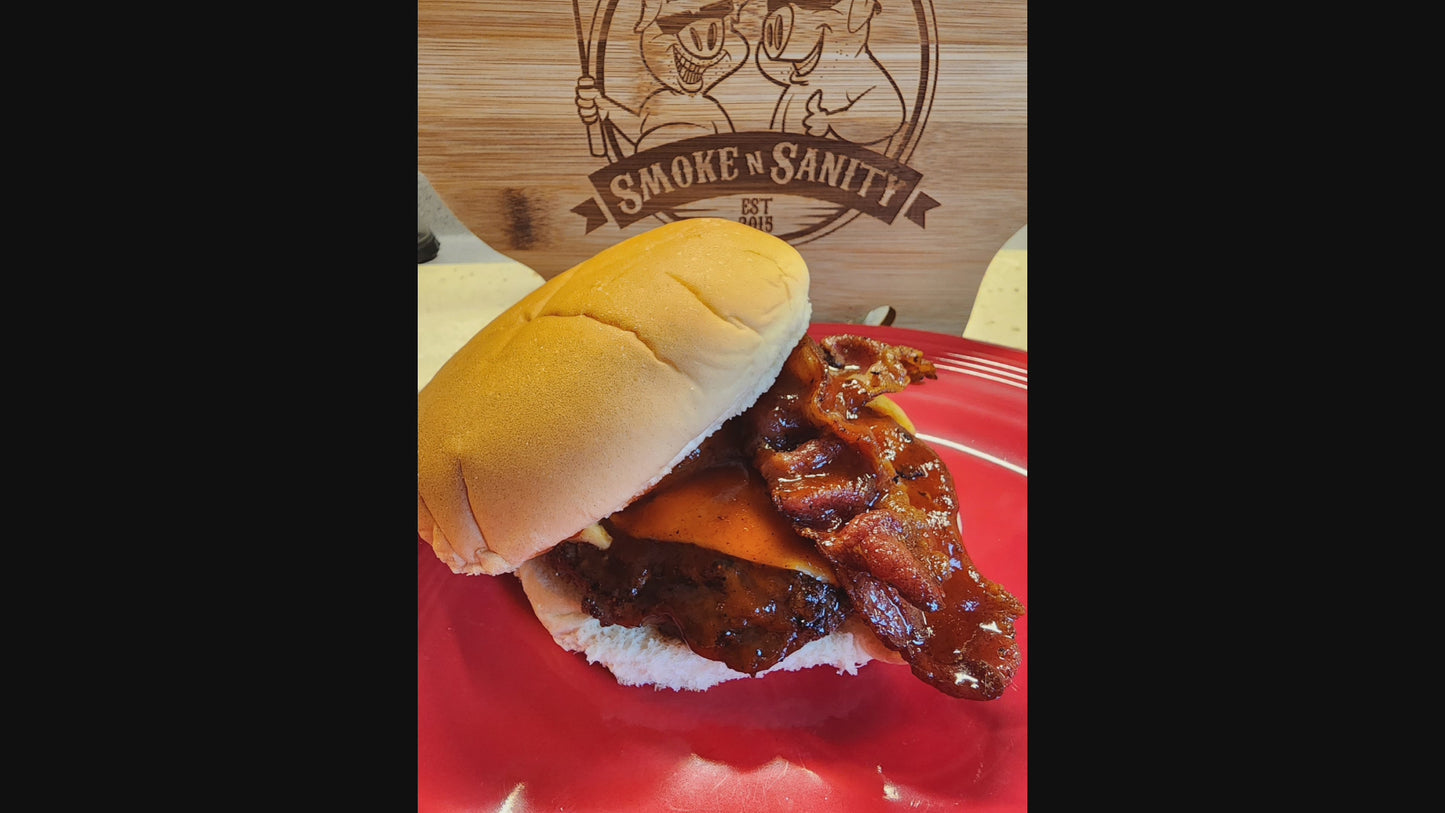 Video showing how to make a burger with SnS Sweet Boubon BBQ Sauce