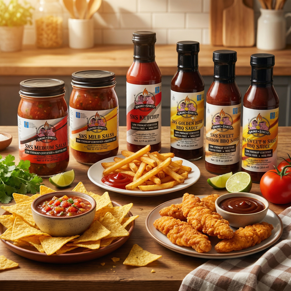 Assorted bottles of Smoke n Sanity sauces on a table with food items including fries, chicken, and chips.